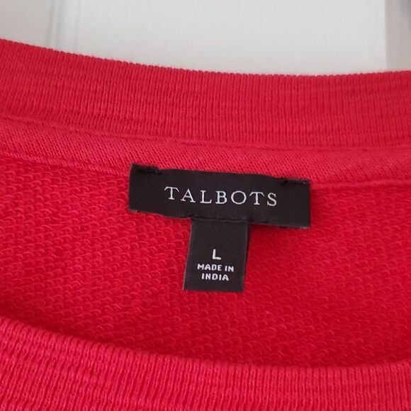 TALBOTS RED EMBROIDERED SLEEVE SWEATSHIRT CREW NECK HIGH LOW HEM COTTON lLARGE - Picture 2 of 8